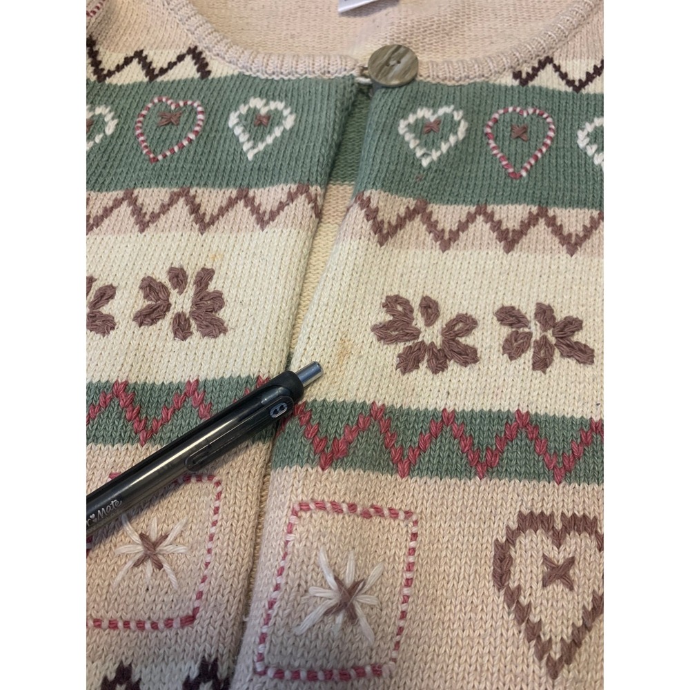 Vintage April Cornell Embroidered Striped Heart Cardigan Sweater Green Tan M/L - Picture 9 of 9